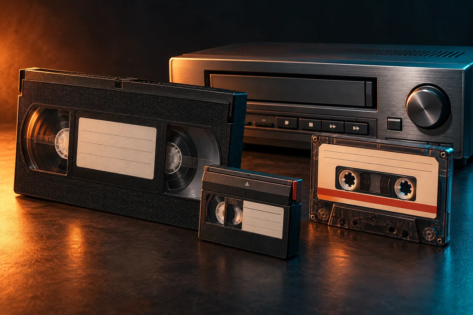 Vintage VHS tape, compact cassette, audio cassette, and video deck in orange and teal light