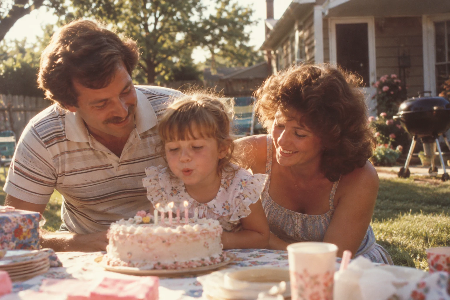 Illustrative nostalgic family backyard birthday memory